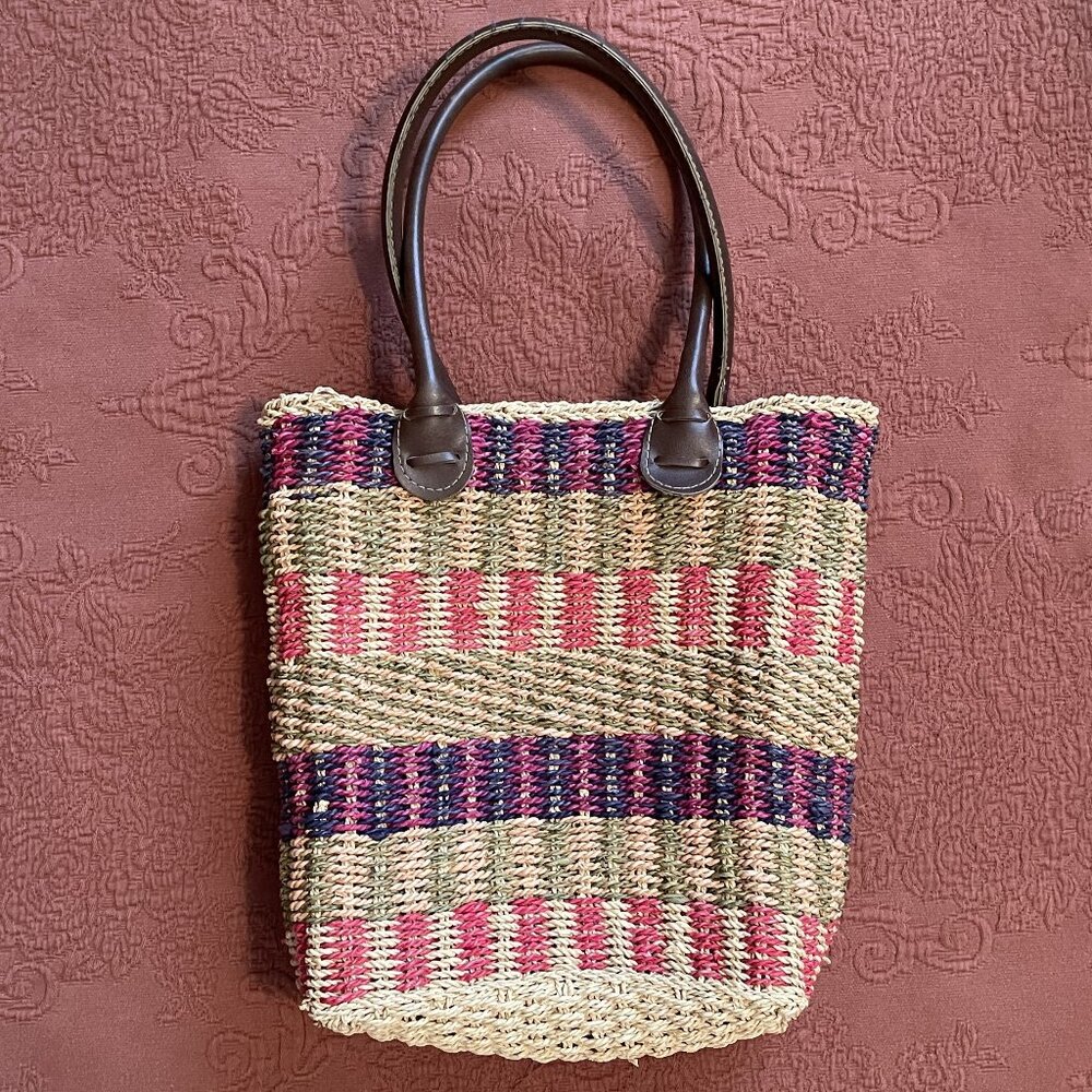 WOVEN STRAW TOTE BAG Double Handle Handbag Purse MULTI COLORED 11 x 11  1101A